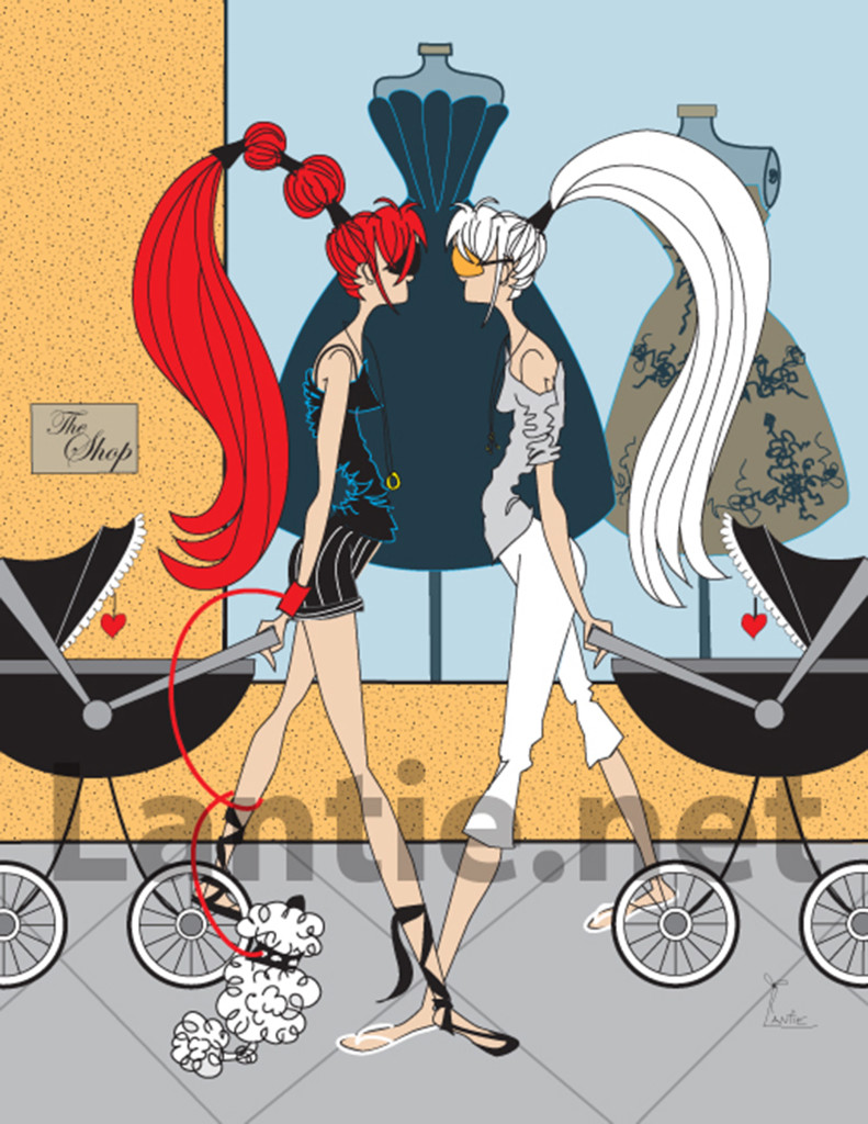 illustraion,pretty,two gils,shopping,with baby carraiges,big hair,